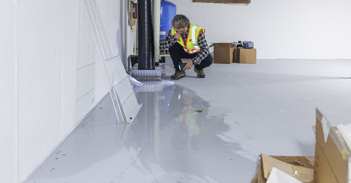 An insurance inspector looks at basement flooding